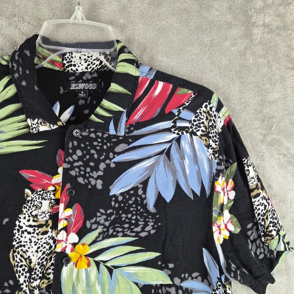 Elwood Hawaiian Shirt Mens Small Black Leopard Tropical Leaf Oversized Aloha